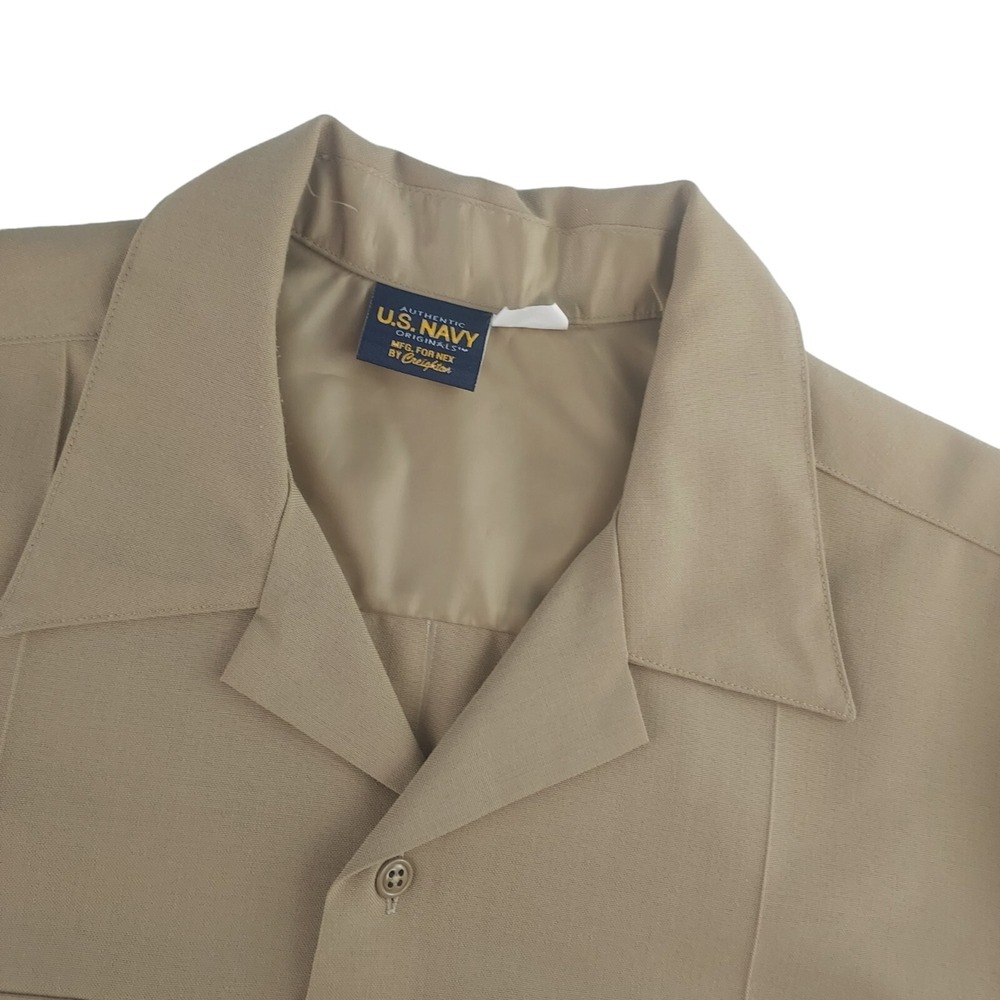 US Navy Mens Large Tan Short Sleeve Wool Blend Military Uniform Shirt Creighton